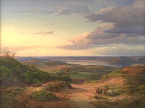 Eine Landschaft nahe Himmelbjerget, Jütland. Im Vordergrund eine Zigeunerfamilie von Louis Gurlitt