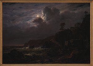 Ansicht von Kullen in Schweden. Schmuggler verstecken ihre Waren zwischen den Felsen. Mondlicht