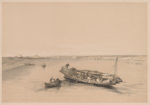 Ägypten und Nubien: Band I - Nr. 4, Sklavenboote auf dem Nil, Blick Richtung Pyramiden von Dashour und Sakkara von Louis Haghe