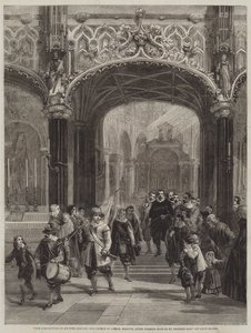 Die Gesellschaft der Bogenschützen verlässt die Kirche von Lierre, Belgien, nach der Messe am Georgstag von Louis Haghe