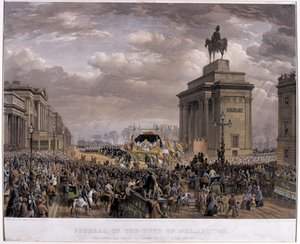 Der Leichenwagen des Herzogs von Wellington (1769-1852) passiert den Torbogen am Apsley House am 18. November 1852, 1853
