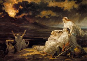 Herculaneum (23. August 79): die antike Stadt, zerstört durch den Ausbruch des Vesuvs, und die Bewohner, die auf einen Hügel flüchteten von Louis Hector Leroux