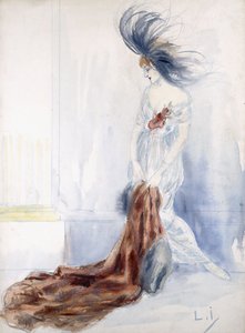 Elegante Dame mit Federhut und Pelzmantel von Louis Icart