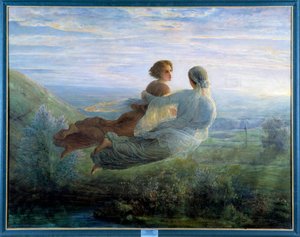 Das Gedicht der Seele; Der Flug der Seele, eine junge Frau, die über einer grünen Landschaft in die Luft erhoben wird und von einer Muse in einer lyrischen Atmosphäre begleitet wird