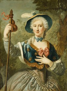 Porträt einer Dame, dreiviertellang, als Pilgerin gekleidet und mit einem blau gefütterten Strohhut und Feder, 1747