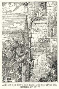 Und sie ließ ihr Haar herunter, und der Königssohn kletterte daran hinauf (Lithografie)