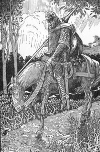 Mordred verwundet nach der Schlacht von Camlann gegen seinen Vater König Artus (Illustration von Louis Rhead aus „König Artus und seine Ritter“ 1923)