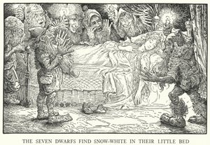 Die sieben Zwerge finden Schneewittchen in ihrem kleinen Bett (Lithografie)