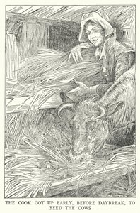 Der Koch stand früh auf, vor Tagesanbruch, um die Kühe zu füttern (Lithografie) von Louis John Rhead