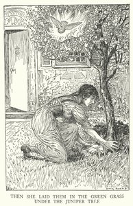 Dann legte sie sie ins grüne Gras unter den Wacholderbaum (Lithografie) von Louis John Rhead