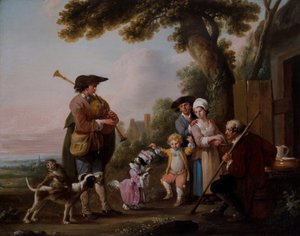 Musiker mit Tieren, die vor Tavernen auftreten