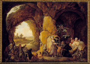 Die Versuchung des heiligen Antonius. Der Einsiedler Antonius der Große wird den Versuchungen des Teufels in der Wüste ausgesetzt (Louis Joseph Watteau) von Louis Joseph  Watteau