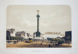 Säule von Juli (Place de la Bastille), Paris. Lithografie Aquarell, Illustration von Arnout, in „Album, souvenirs de Paris“, Daziaro Herausgeber, Paris.