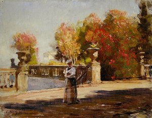Eine Dame liest auf einer sonnigen Terrasse von Louis Kolitz