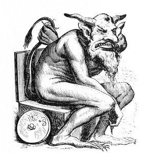 Darstellung des Teufels Belphagor (Belphegor) aus Collin de Plancys Infernalischem Wörterbuch. Gravur von L. Breton. Paris