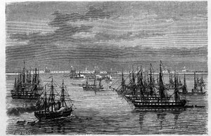 Ansicht des französisch-englischen Geschwaders an der Mündung des Hai He Flusses im Bohai Meer in Tanggu, China. Gravur von Lebreton, in „Le Tour du Monde, Nouveau journal des Voyages“, herausgegeben von Edouard Charton, Paris von Louis Le Breton