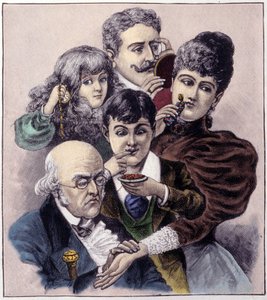Darstellung der fünf Sinne (Tastsinn, Gehör, Geruch, Geschmack und Sehsinn) von Louis Léopold Bailly. Gravur von 1894