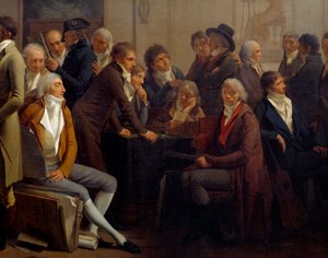 Künstler treffen sich in der Werkstatt des Malers Jean Baptiste Isabey (1767-1855): Anne Louis Girodet de Roucy-Trioson