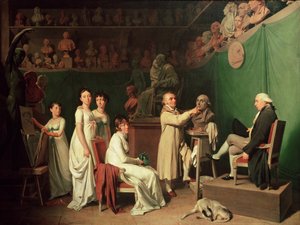 Jean Antoine Houdon modelliert die Büste von Pierre Simon Marquis de Laplace in Anwesenheit seiner Frau und Töchter, 1804