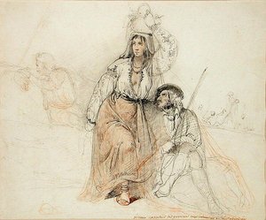 Frau bringt Proviant zu Bohemiens und Briganten