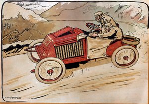 Automobil: ein Rennwagen. Marcel Renault (1872-1903) und René Vauthier überqueren die Alpen während des Rennens PARIS-WIEN 1902 im Auto 147. Lithographie von Louis Lucien Faure Dujarric (1872-?), 20. Jahrhundert. Conservatoire national des Arts et Métiers,