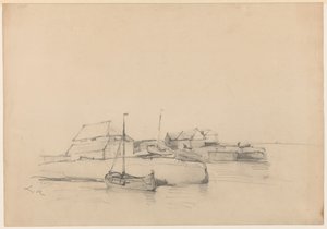 Häuser und zwei Schiffe an der Küste von Louis Meijer