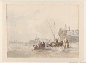 Strandansicht mit Fischern bei einem Boot im Vordergrund