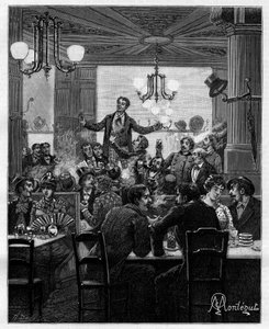 In der Mitte, auf einem Tisch, führt Desroches den Charivari an. Szene in einem Pariser Café: Menschen singen, trinken, rauchen, plaudern und flirten an Tischen. In „Trente ans de Paris“, autobiografische Sammlung von Alphonse Daudet (1840-1897). Gravur na