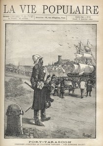 Mann beobachtet einen Umzug der Tarasque am Hafen der Insel Port Tarascon. Illustration von Montegut für „Port-Tarascon“ von Alphonse Daudet (1840-1897). Gravur von 1891 in „La vie populaire“. Private Sammlung