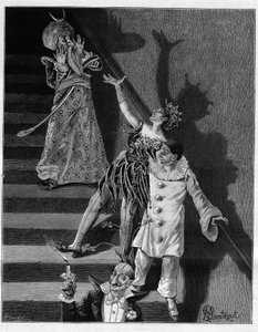 Am Abend des Maskenballs bebte die enge Treppe des Hotels unter dem Wahnsinn. In „Trente ans de Paris“, autobiografische Sammlung von Alphonse Daudet. Gravur nach Mon von Louis Montegut