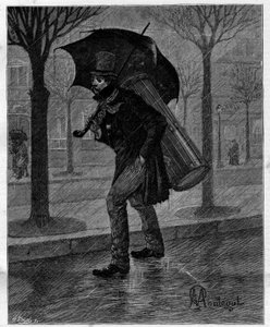 Schlechte Ernte! Arme nasse Zikade! ... Trommelspieler in Not, der im Regen durch die Straßen von Paris geht. In „Trente ans de Paris“, autobiografische Sammlung von Alphonse Daudet. Gravur nach Monteguts Illustrationen in „Le Monde illustré“