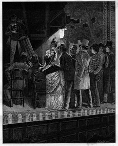 Welchen Effekt, großer Gott, hatte diese rustikale Musik auf dieses skeptische Publikum... Zuschauer hören einem Trommler zu. In „Trente ans de Paris“, autobiografische Sammlung von Alphonse Daudet (1840-1897). Gravur nach Monteguts Illustrationen