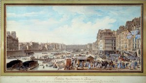 Ansicht des Hafens am Walfang, aufgenommen vom alten Marché aux veaux in Richtung der Brücke Notre-Dame in Paris Aquarell von Louis Nicolas de Lespinasse (1734-1808). 1782. Paris, Musée Carnavalet