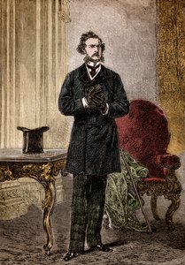 Porträt von Phileas Fogg, Charakter aus Le tour du monde en quatre-vingts jours, Abenteuerroman von Jules Verne, illustriert von Louis Paul Pierre Dumont (1822-1882) im Jahr 1872 (Phileas Fogg vom Frontispiz von In achtzig Tagen um die Welt von Jules Verne