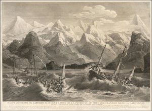 1786 Gravur eines Schiffswracks von zwei kleinen Booten, die Teil der La Perouse Expedition waren