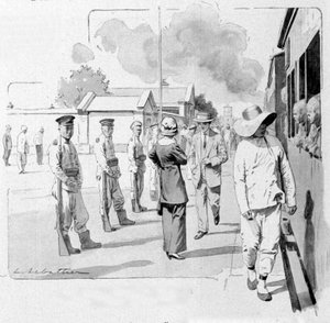 Ein chinesischer Schaffner bei einem Halt auf der Transsibirischen Eisenbahn. 1913. Illustration von Sabattier.