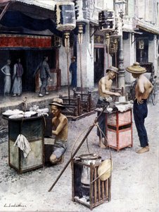 Mobile Restaurants in Singapurs Chinatown. Illustration von L. Sabatier. 19. Jahrhundert
