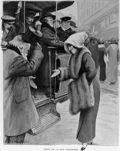 Höflichkeit: Szene der Pariser Straße - Galanterie von einst im Paris von heute. Ein alter Mann und eine junge Frau an der Bushaltestelle. Illustration von Sabattier. sd. 1910er Jahre. von Louis Remy Sabattier