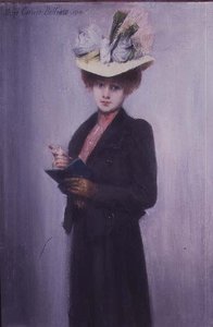 Eine elegante Dame mit einem blauen Notizbuch