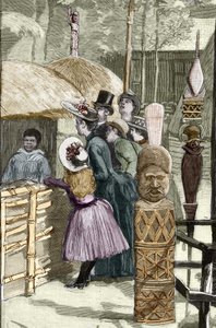 Weltausstellung 1889 - Das Dorf der Kanaken auf der Esplanade des Invalides (die Kanaken während der Ausstellung ausgestellt: Menschlicher Zoo) - Zeichnung von Louis Tinayre (1861-1942) - in „Le Monde Illustré“ vom 22.07.1889.