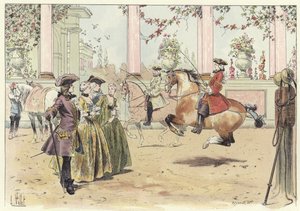 Eine Gruppe von Männern und Frauen beobachtet eine Reitvorführung von Louis Vallet
