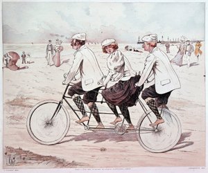 Tandem, drei Personen radeln am Strand - Zeichnung von L. Vallet von Louis Vallet
