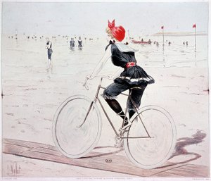 Frau auf einem Fahrrad am Strand - Zeichnung von L. Vallet
