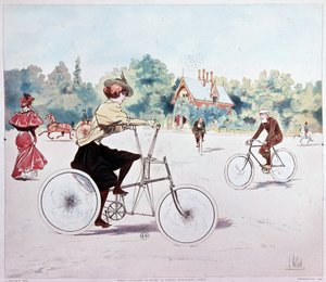 Frau auf Fahrrad - Zeichnung von L. Vallet
