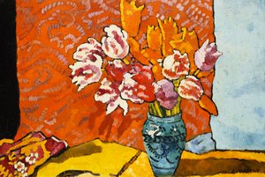 Blauer Vase, Tulpen und Draperie von Louis Valtat