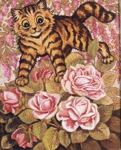 Ein Kätzchen versteckt sich in einem Rosenbusch von Louis Wain