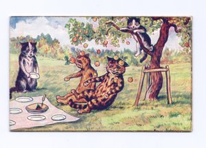 Viktorianische Grußkarte von Äpfeln, die auf zwei Katzen bei einem Picknick fallen, ca. 1880 von Louis Wain