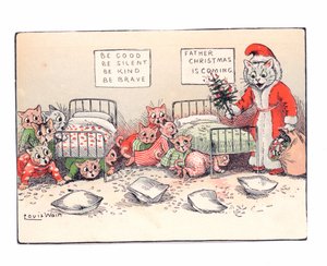 Viktorianische Grußkarte von Kätzchen, die sich vor Angst ducken beim Anblick einer als Weihnachtsmann verkleideten Katze, ca. 1880 von Louis Wain