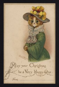 Katze mit Damenhut und Mantel, Weihnachtsgrußkarte (Chromolithographie) von Louis Wain
