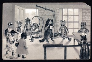 Wir genießen das schöne Wetter. Tiere in menschlicher Haltung. Katze als Jockey wird auf einer Waage gewogen. Postkarte. Chromolithographie von Louis Wain (1860-1939), englischer Künstler, bekannt für seine Darstellung von Katzen mit großen Augen. Anfang d von Louis Wain